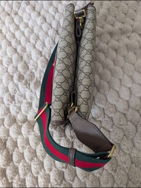 Gucci Beige GG Canvas Double Pouch Crossbody with Green-Red Web Strap